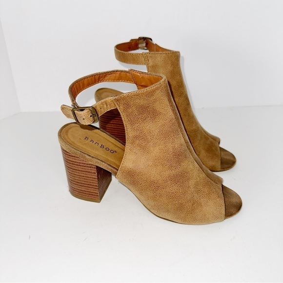 Bamboo Faux Suede Peep Toe Ankle Strap Block Heel Shoes 8/38 Y2K Boho Momcore - Picture 11 of 11